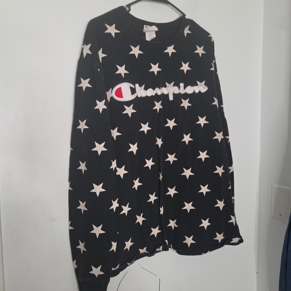 Champion Heritage Mens XL Black Star Print Long Sleeve Script Logo Shirt T3822